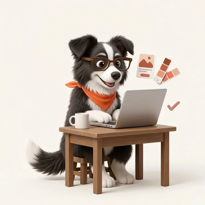 Viggo, Viggos collie med briller, sidder ved computeren og bygger en hjemmeside