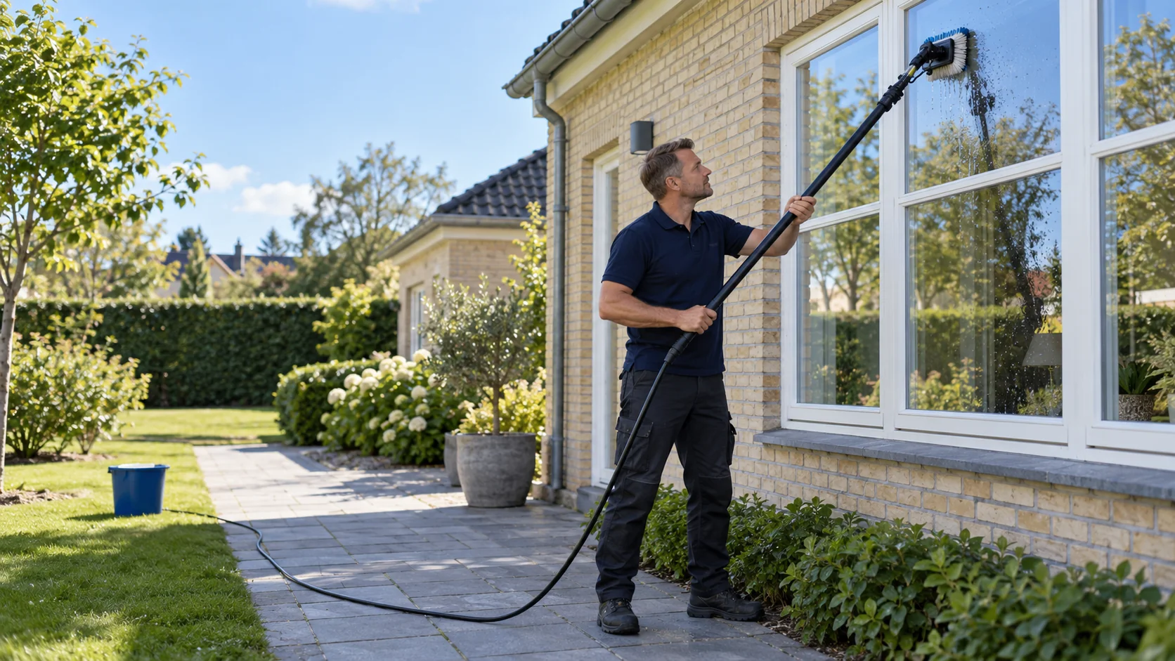 AI-illustration: Vinduespudser renser en dansk villas vinduer med vandførende teleskopstang.