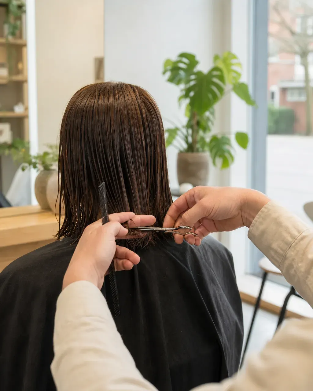 Frisørens hænder klipper vådt, skulderlangt hår med saks og kam i en lys salon