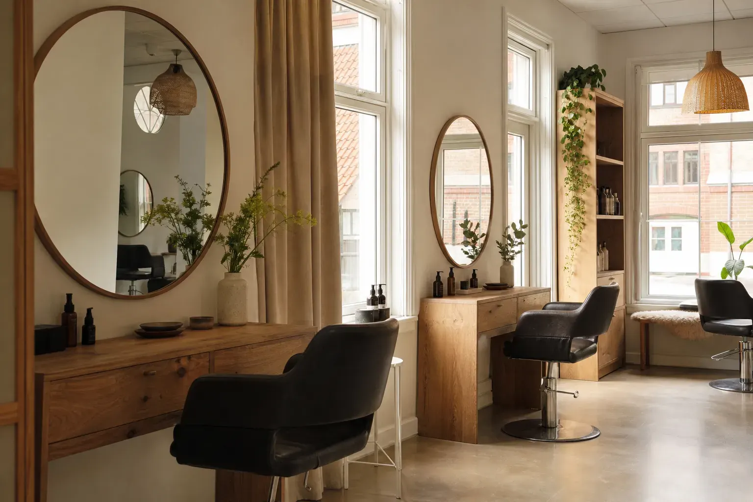 Lys og hyggelig frisørsalon med frisørstole, spejle, træ og grønne planter