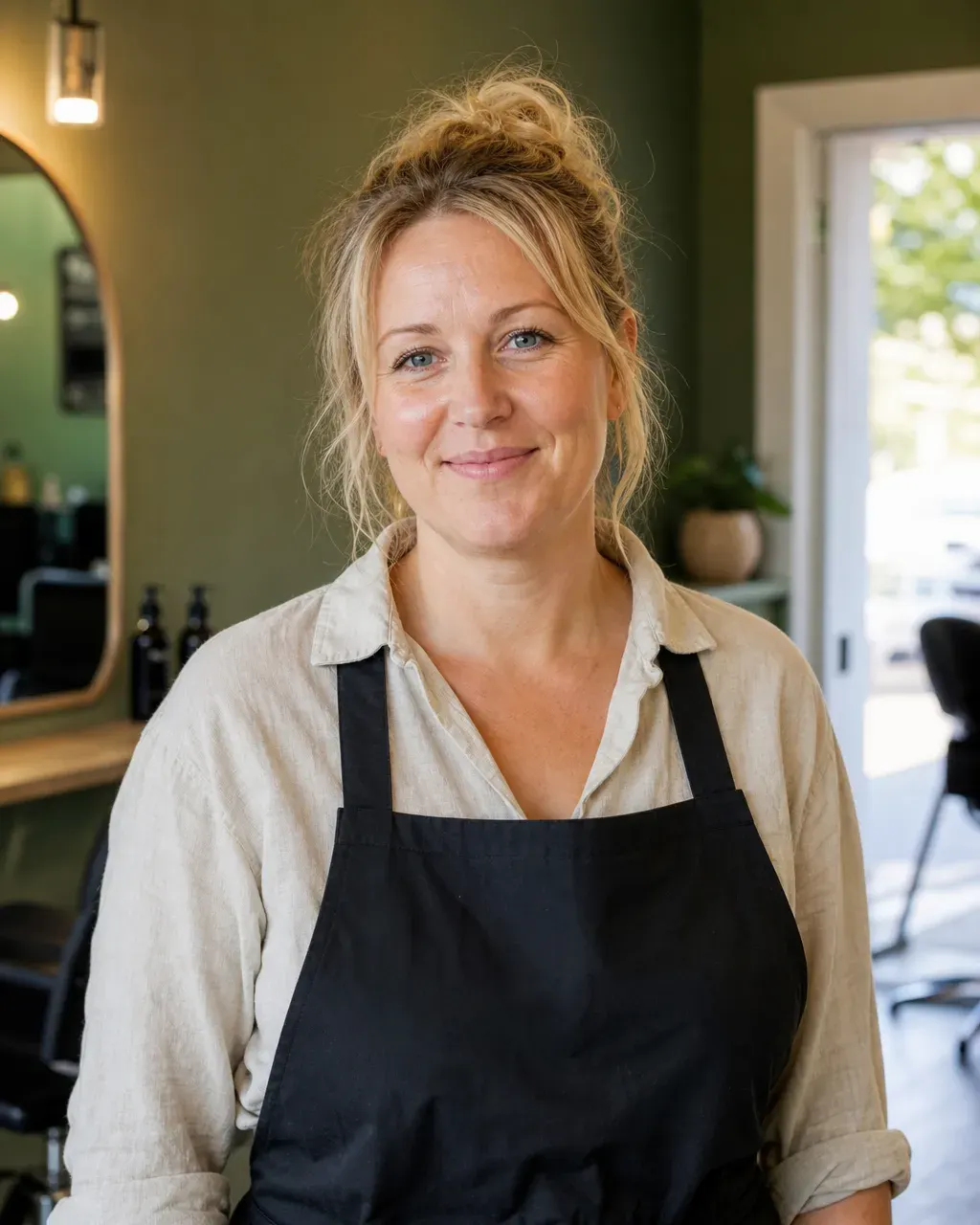 Portræt af frisøren bag salonen
